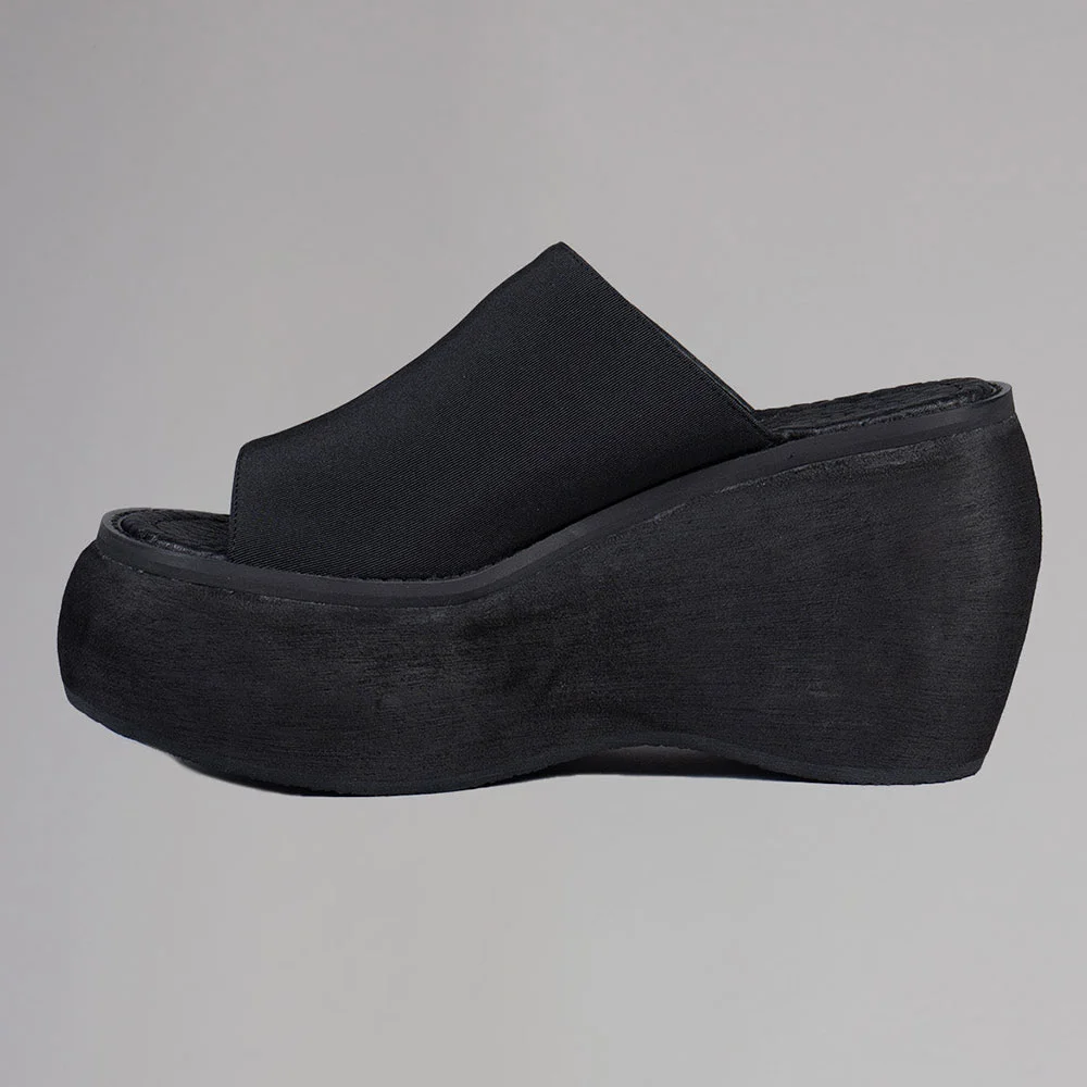 Fabric Peep Toe Wide Strap Wedge Heel Black Platform Mules Sandals