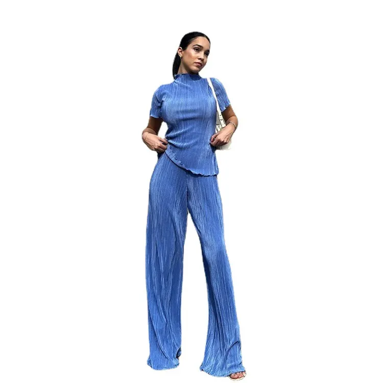 Churchf Churchf 2023 Summer New Thin T-Shirt High Waist Blue Pleated Floor Pants Casual Women's Fashion Suit