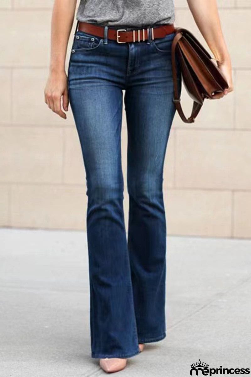 Street Solid Ripped High Waist Straight Denim Jeans