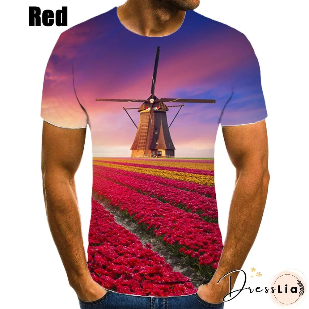 New Summer Windmill Fashion T-Shirt 3D Printing T-Shirt Short-Sleeved T-Shirt Casual Round Neck Top Men's Clothing