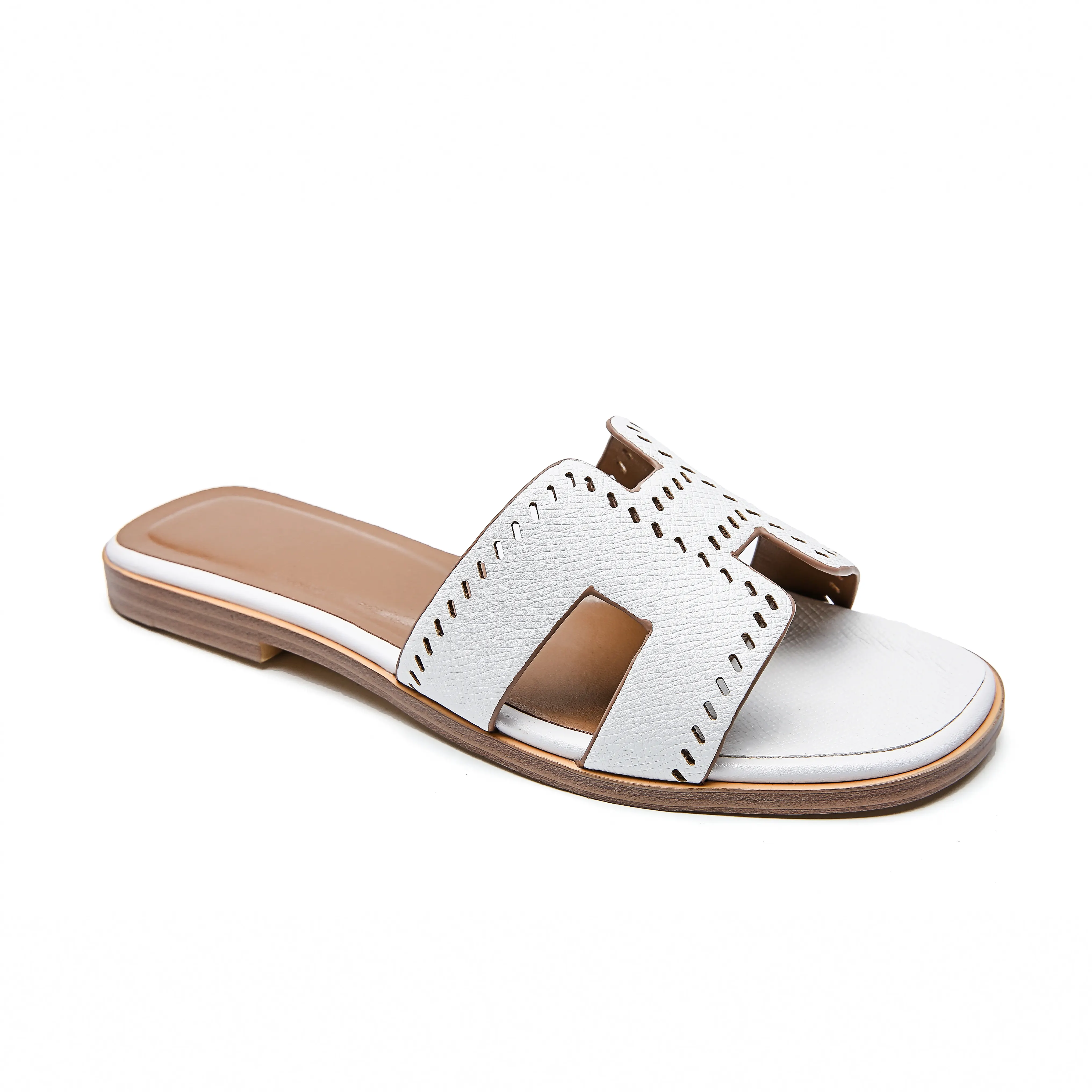 H-shape Leather Slipper White Lychee Pattern Flats-vocosishoes