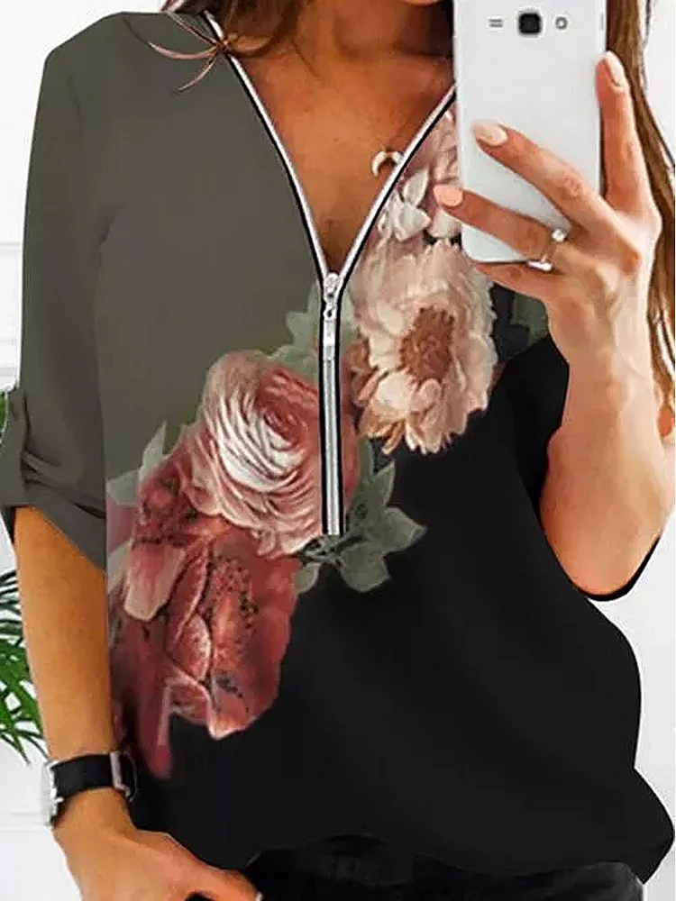 Fashion Floral Stitching Zipper T-shirt
