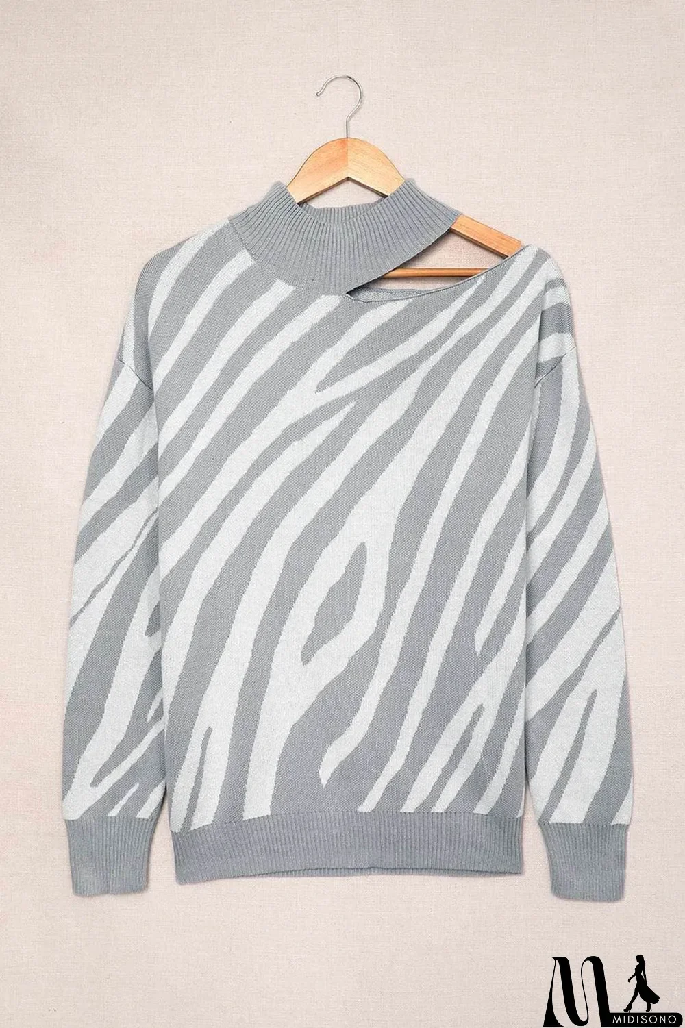 MidiSono - Gray Zebra Print Mock Neck Cold Shoulder Sweater