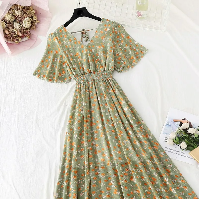2020 Slim V Neck Summer Midi Long Dress Vestido Party Short sleeve Chiffon dress Women Casual Elegant print A-Line Vestidos
