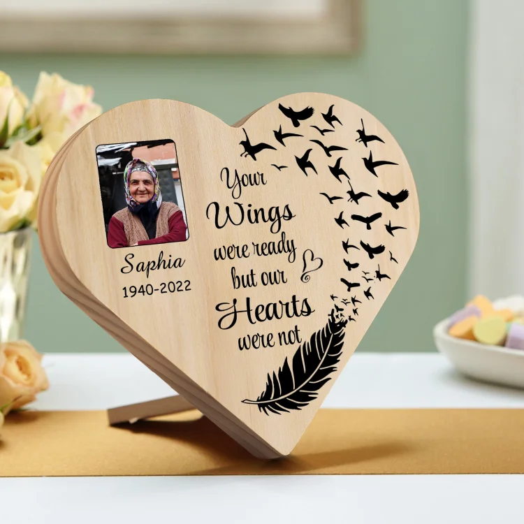 Personalized Memorial Wood Heart Ornament-Custom Heart Wooden Desktop Decoration-Your Wings Were Ready But My Heart Wasn't