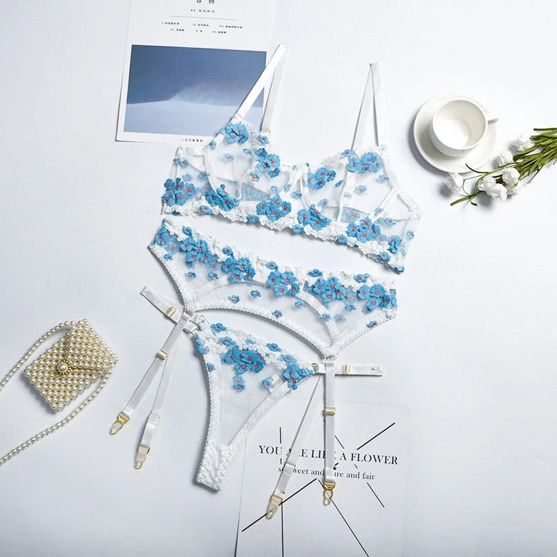 Yimunancy Lingerie Floral Embroidered Bra Set, 3-Piece Female Transparent Bra + Panties, Sexy Underwear, Underwear Set