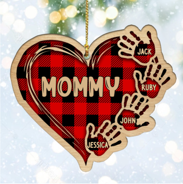 Grandma Mom Heart Hand Print Wood Ornament Custom 4 Names for Family