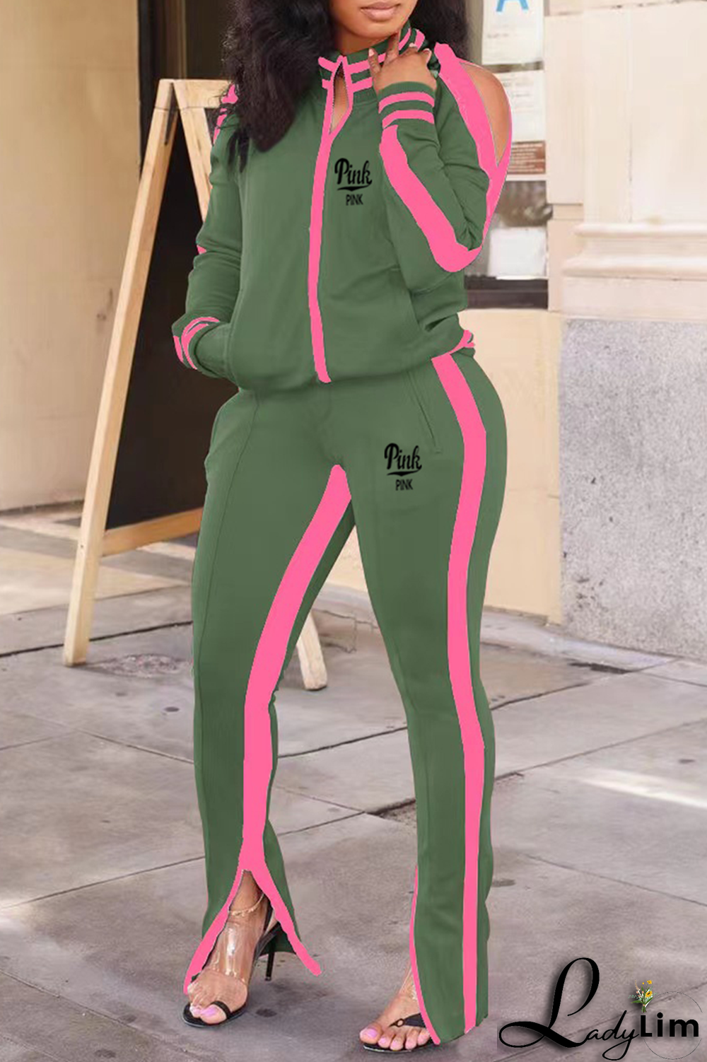 Black Yellow Casual Print Slit Zipper Collar Long Sleeve Two Pieces