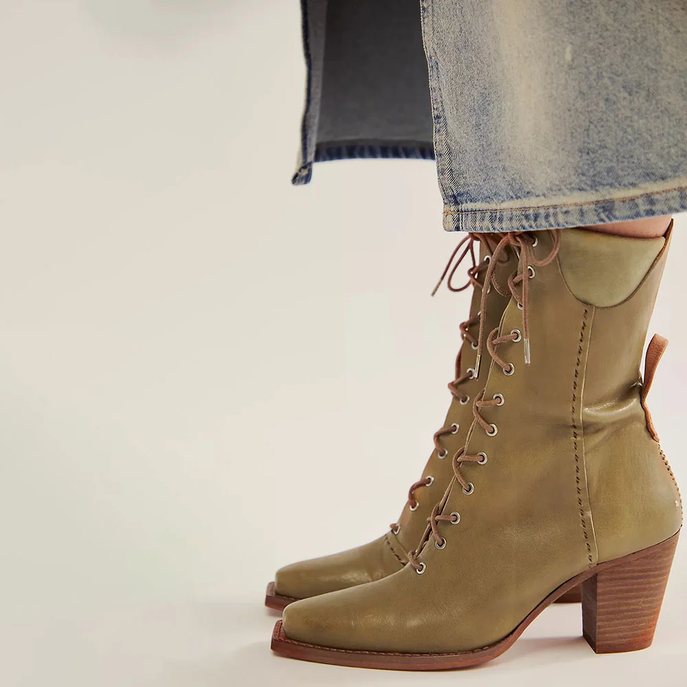 Simple Olive Square Toe Lace-Up Stacked Heel Booties for Women