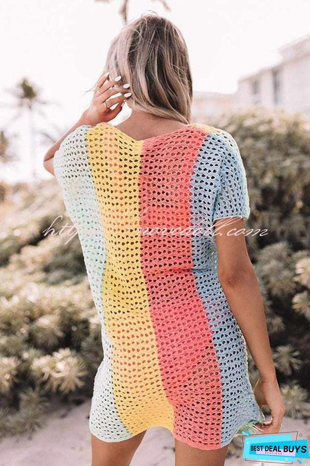 Ocean Whimsy Colorblock Crochet Cover Up Dress