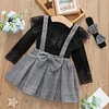 Kid Baby Girl 3-piece  Black Lace Top and Plaid Overalls  with Headband
