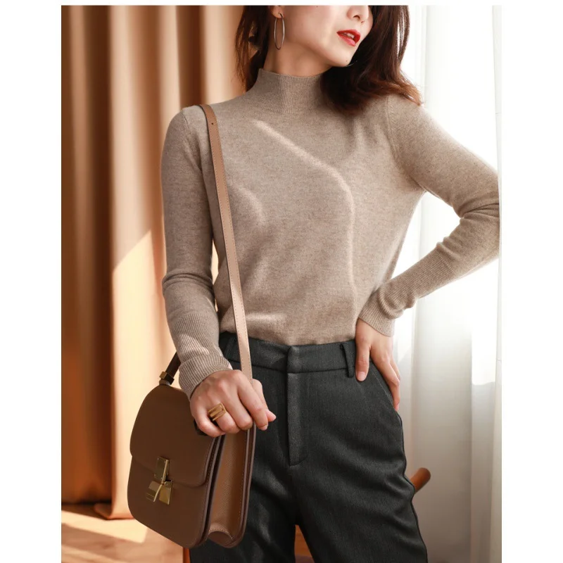 Brownm Brownm Simple Knitted Shirt Inside The Woolen Sweater Thicker Half-High Collared Shirt Sweater Women's Autumn And Winter Top