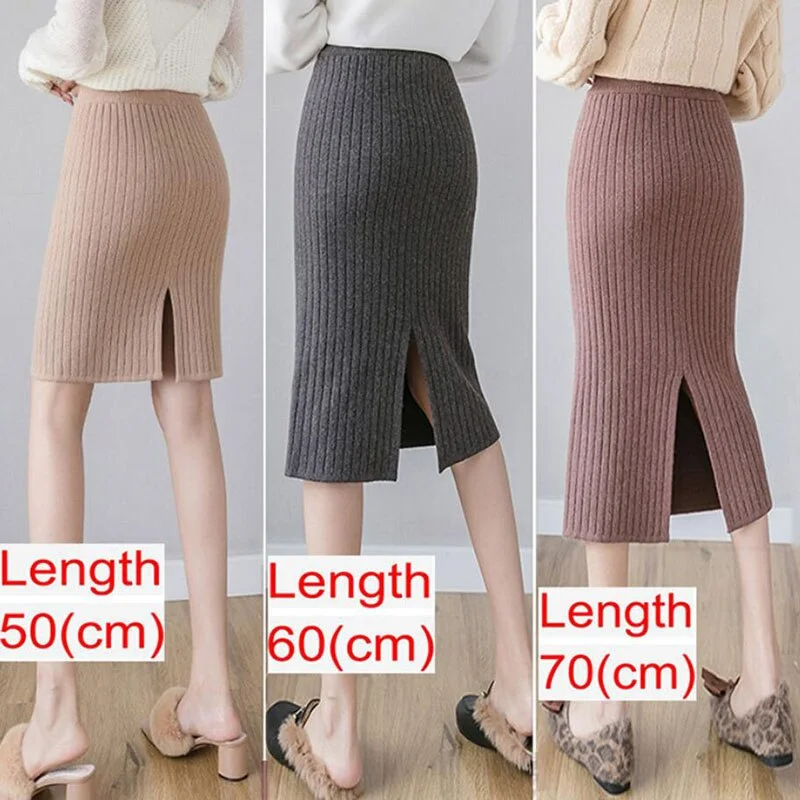 Women Knitted Pencil Skirts Slim Solid Basic Ladies Office High Waist Elegant Midi Skirt 2020 Autumn Winter Warm Womens Skirts