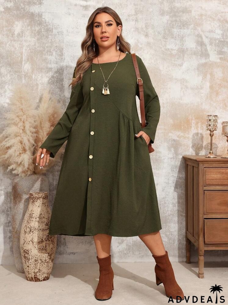 Plus Size Women's Spring & Summer Solid Color Round Neck Long Sleeve Single-Breasted Pocket Casual Loose Dress