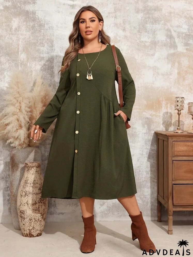 Plus Size Women's Spring & Summer Solid Color Round Neck Long Sleeve Single-Breasted Pocket Casual Loose Dress