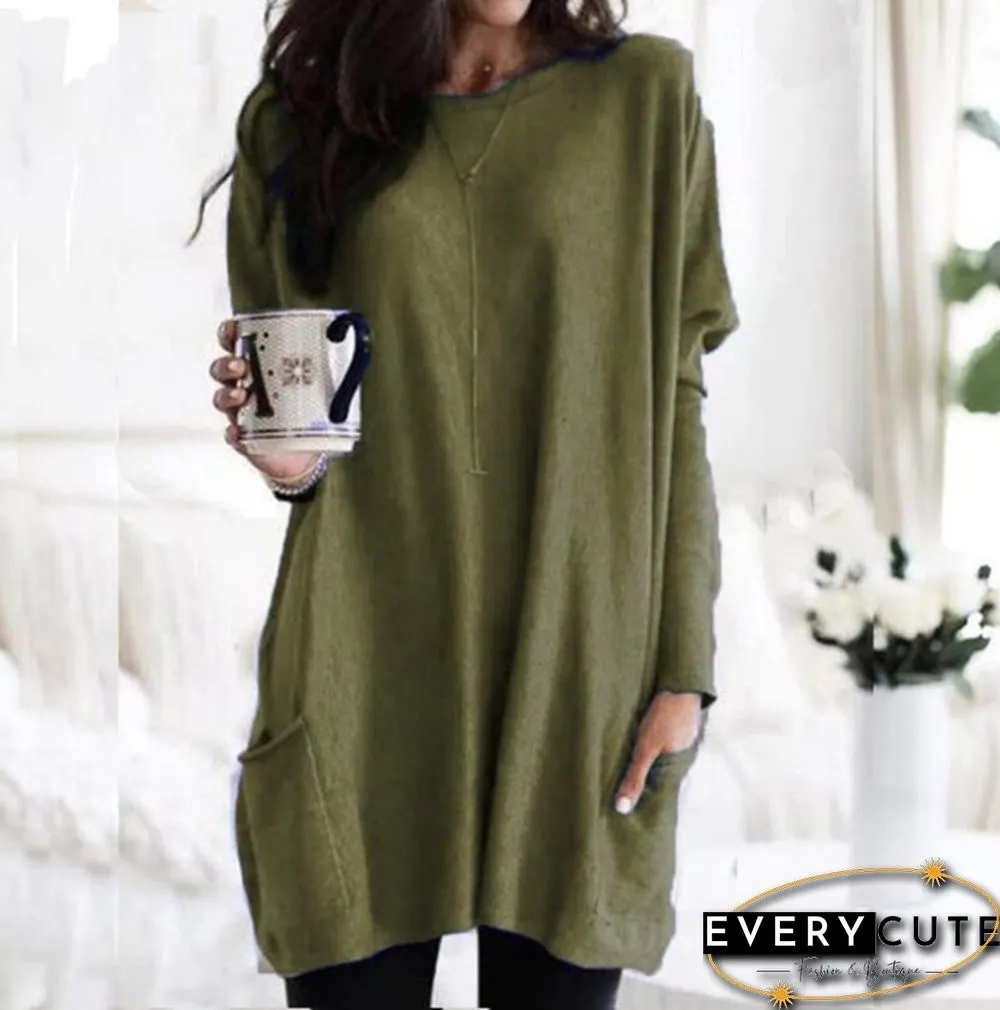 Plus Size Womens Autumn & Winter Casual Top Loose Pocket T-Shirt Long Sleeve Bat Blouse