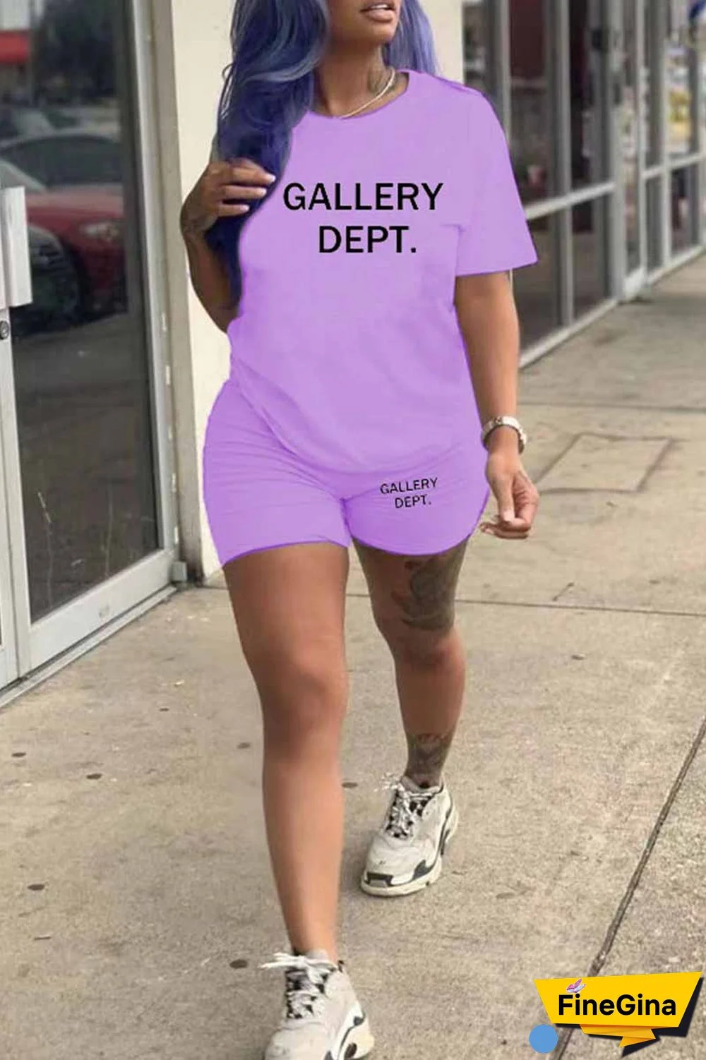 Purple Casual Print Letter O Neck Short Sleeve Two Pieces