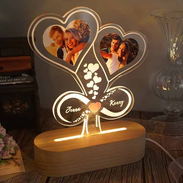 Lampe de chevet ballon de coeur et infini LED Lumières monochrome 2 prénoms personnalisée avec 2 photos Jessemade FR