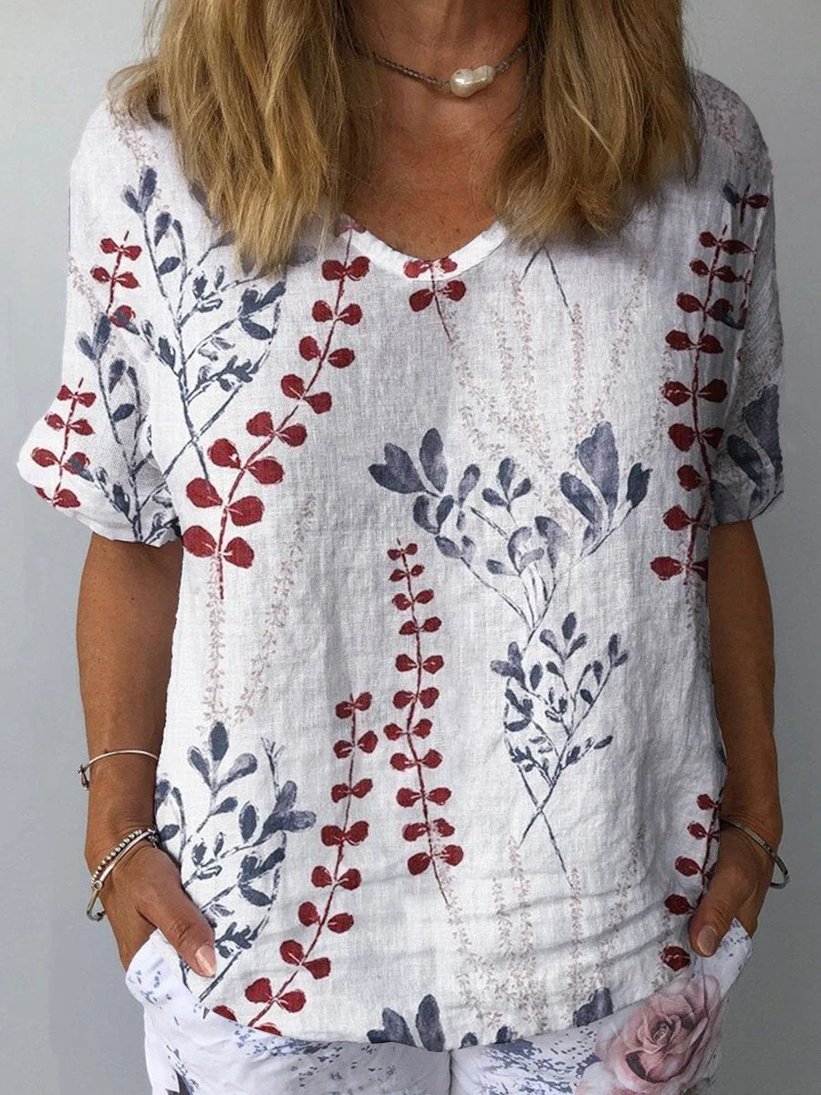 Women's  Flower  Art Print Casual Cotton And Linen Shirt