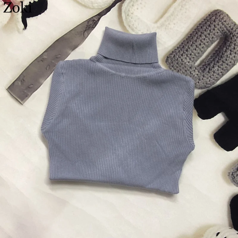 Zoki Soft Women Turtleneck Sweater Autumn Long Sleeve Elastic Female Knitted Jumper Casual Pullover Slim Winter Basic Tops 2021