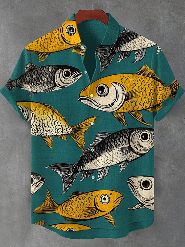 Men's Vintage Ukiyo-e Sardines Art Print Shirt