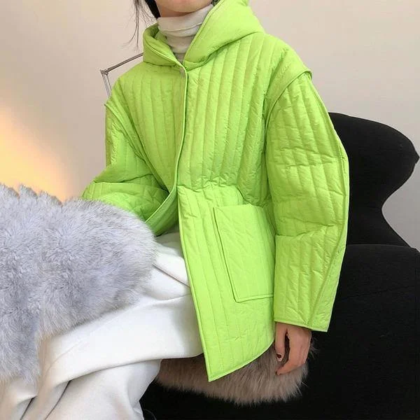 New Solid Color Loose Parka Winter Fashion Casual Women Hooded Collar Simplicity Splicing Pocket Temperament