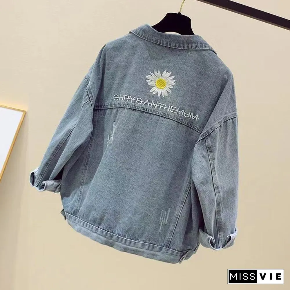 Trendy Brand Womens Jacket New Denim Female Korean Version Loose Embroidery Wild Daisy Top