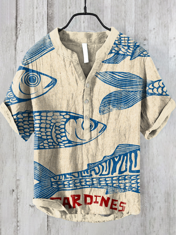 Japanese Fashion Sardine Art Linen Blend Shirt