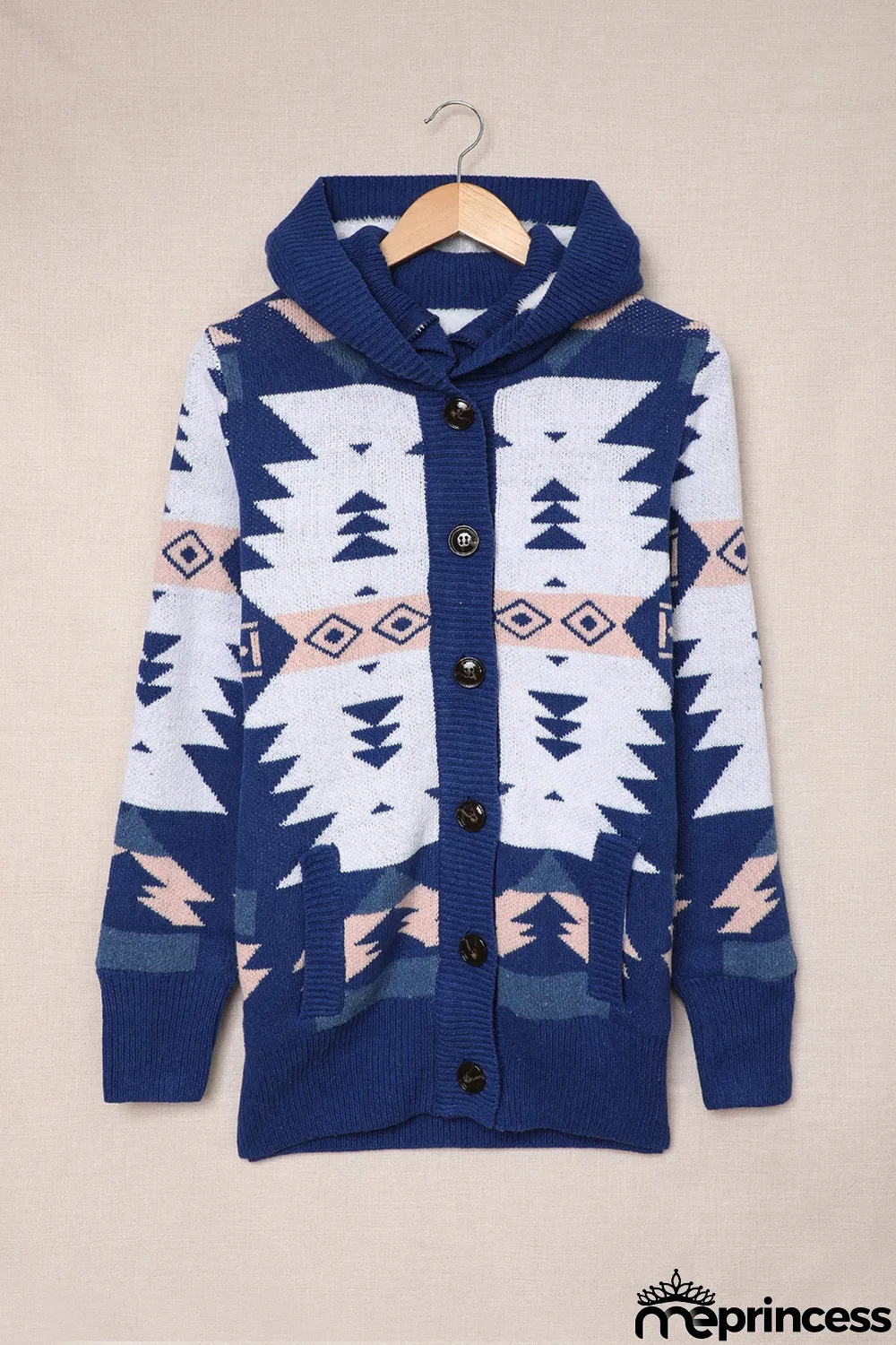 Blue Retro Jacquard Pattern Buttoned Front Hooded Sweater