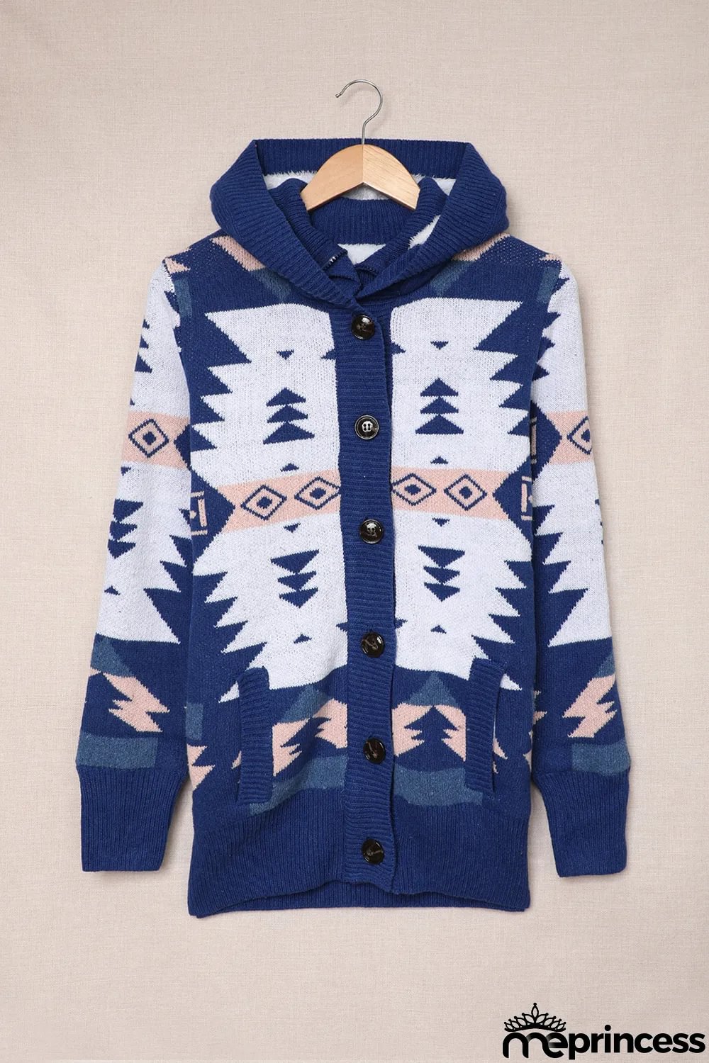 Blue Retro Jacquard Pattern Buttoned Front Hooded Sweater