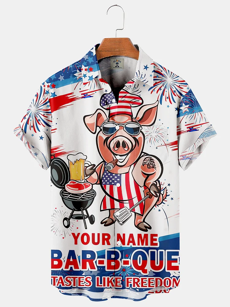 Fat Pig Wearing American Flag At Barbecue Casual Loose Men's Plus Size Short-Sleeved Shirt