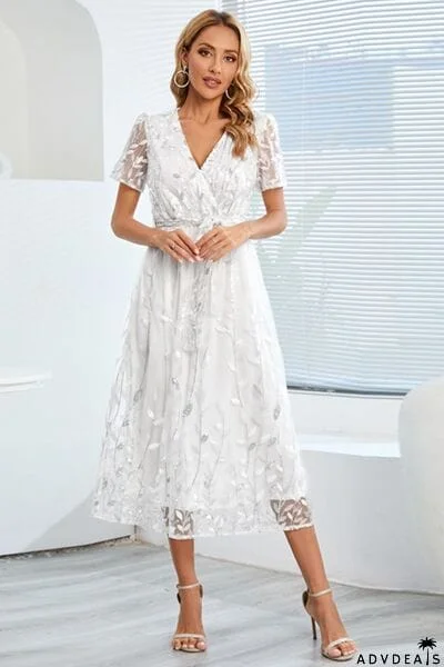 Sequin Leaf Embroidery Tie Front Short Sleeve Dress