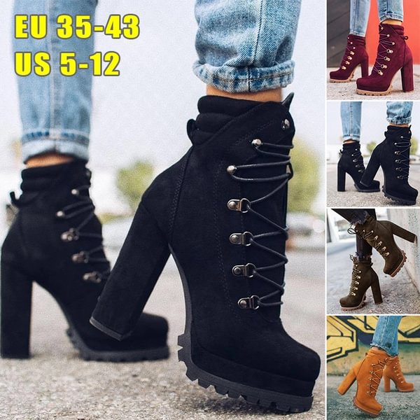 Women Fashion Ankle Boots Suede Short Boots Lace Up High Heel Boots Plus Size 35-43 - Shop Trendy Women's Clothing | LoverChic