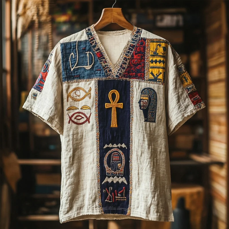 Ancient  Egyptian Ankh Embroidered V Neck Linen Shirt
