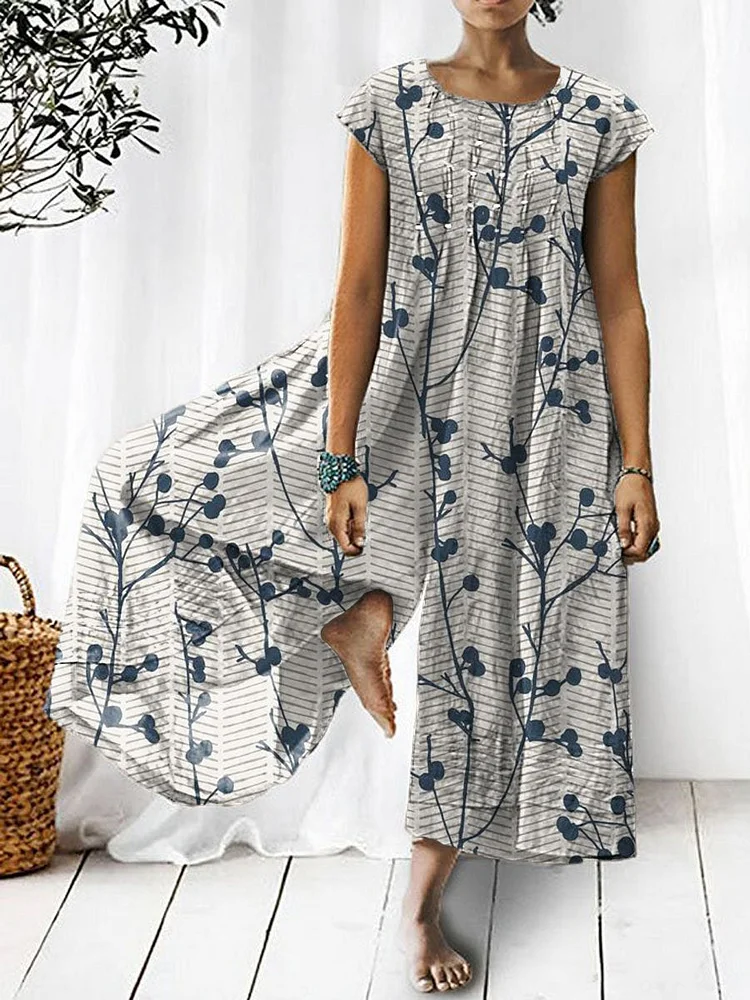 Women's Retro Floral Art Print Casual Denim Jumpsuit
