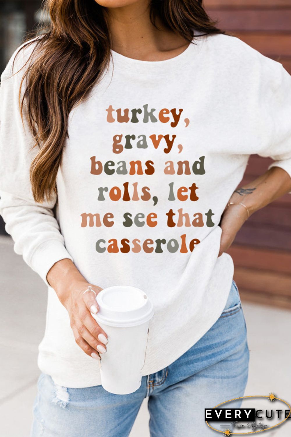 White Thanksgiving Letter Graphic Print Long Sleeve Sweatshirt