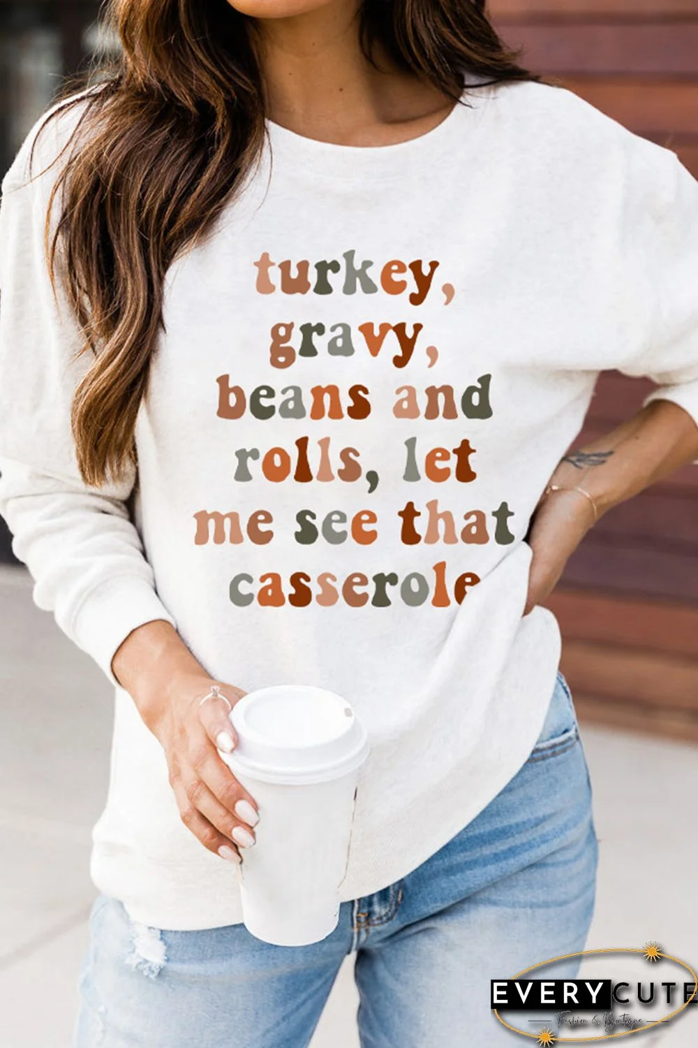 White Thanksgiving Letter Graphic Print Long Sleeve Sweatshirt