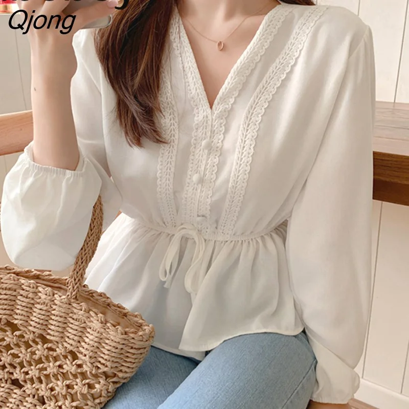 Qjong White Blouse Sashes Casual Woman Clothes 2022 Fall Lace Long Sleeve Shirt Women Blouses Shirts Chemisier Femme