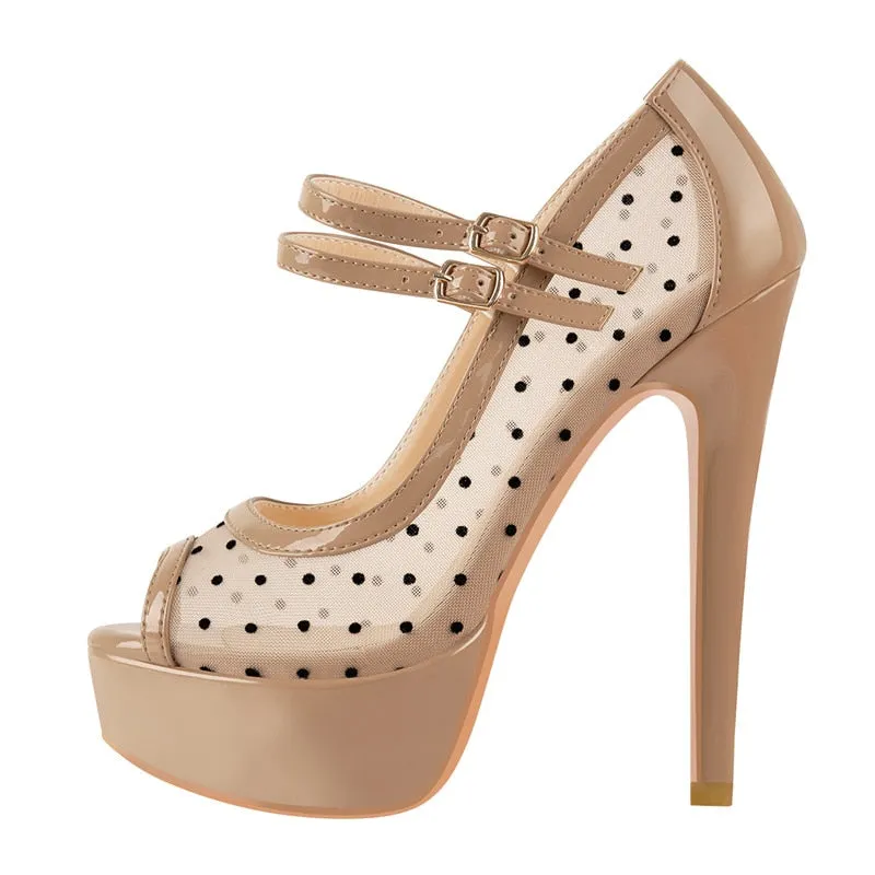 Onlymaker Women's Black Platform Peep Toe Mesh Spike Pumps Sandals Thin High Heel Big Size Buckle Strap Party Shoes