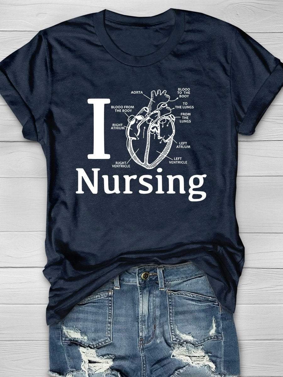 I Loving Nursing Print Short Sleeve T-shirt