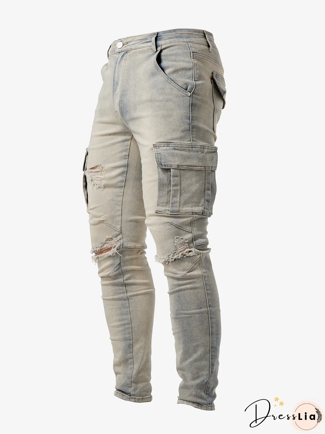 Slim Fit Multi Pocket Jeans, Men's Casual Street Style High Stretch Denim Cargo Pants