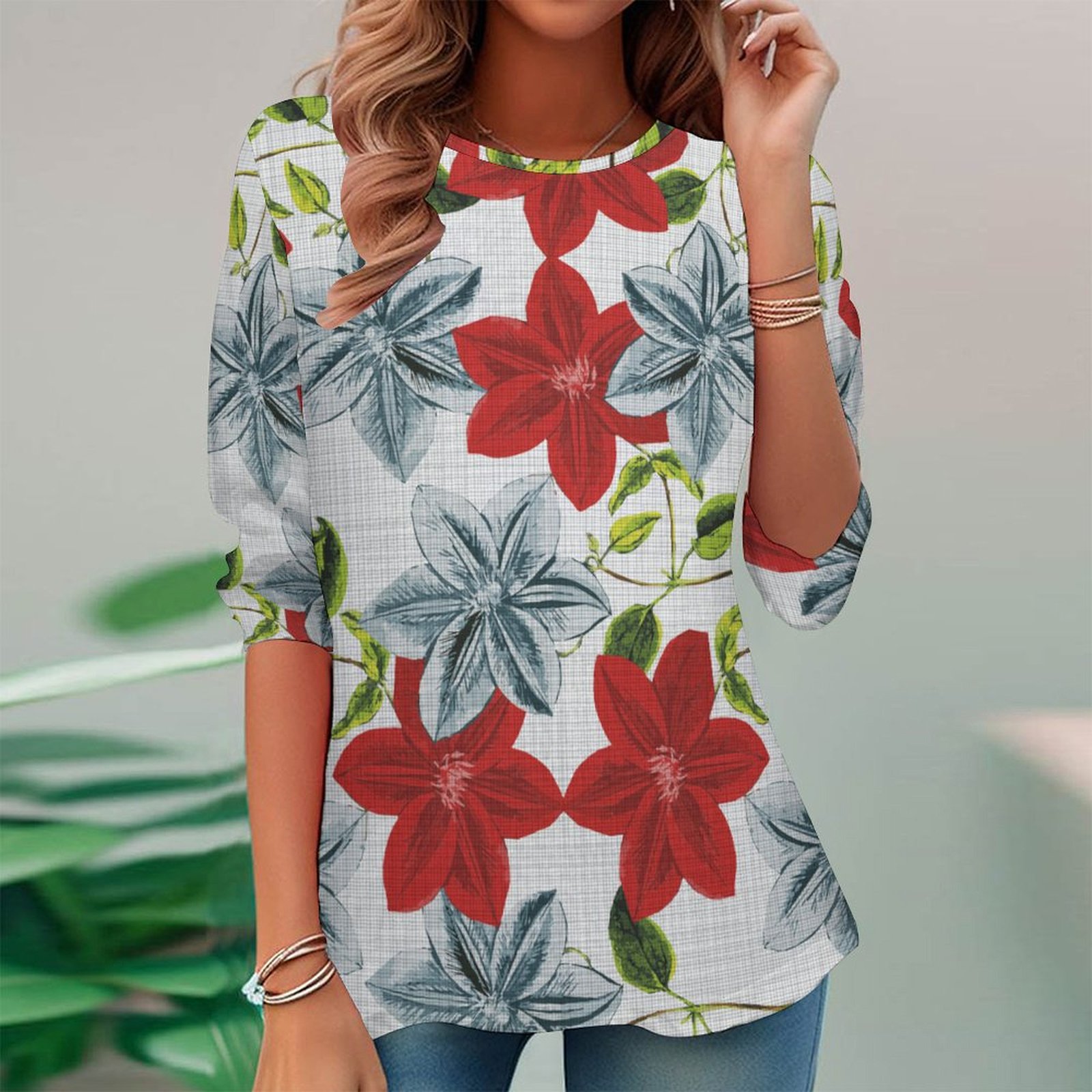 Women Long Sleeve V-neck Graphic Floral Printed Top