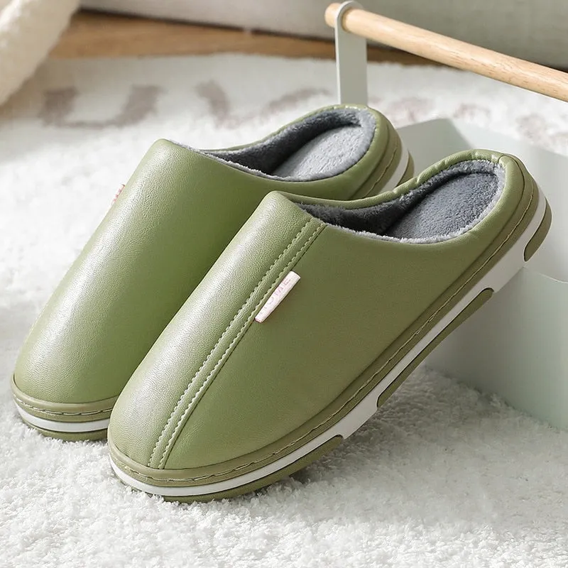 Leather Slippers Waterproof Women's Slippers for Home Velvet Plush Fur Slippers Couple Bedroom Slippers Soft Shoes for Home