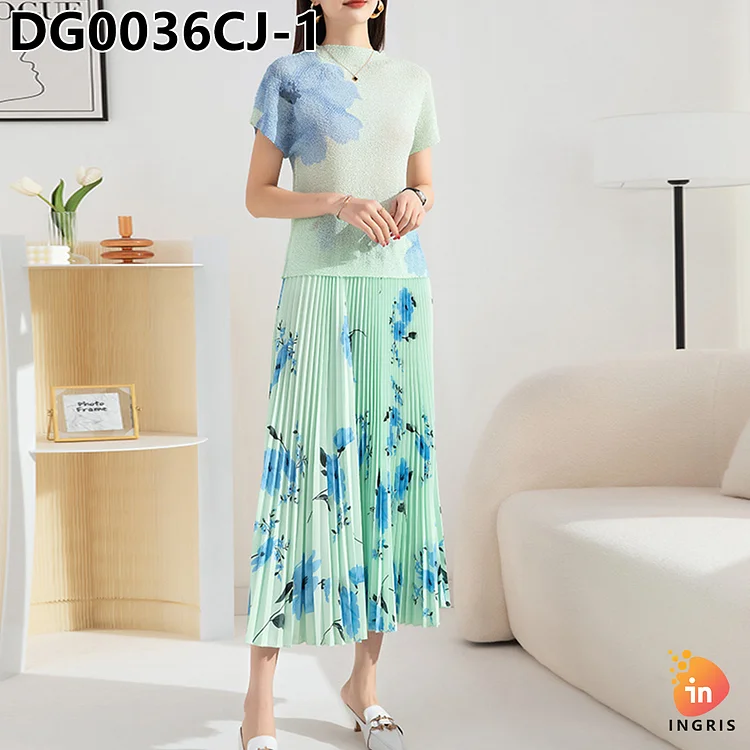 pleated short-sleeved skirt women's suit printing casual large women lady elegant casual floral dresses-DG00036CJ