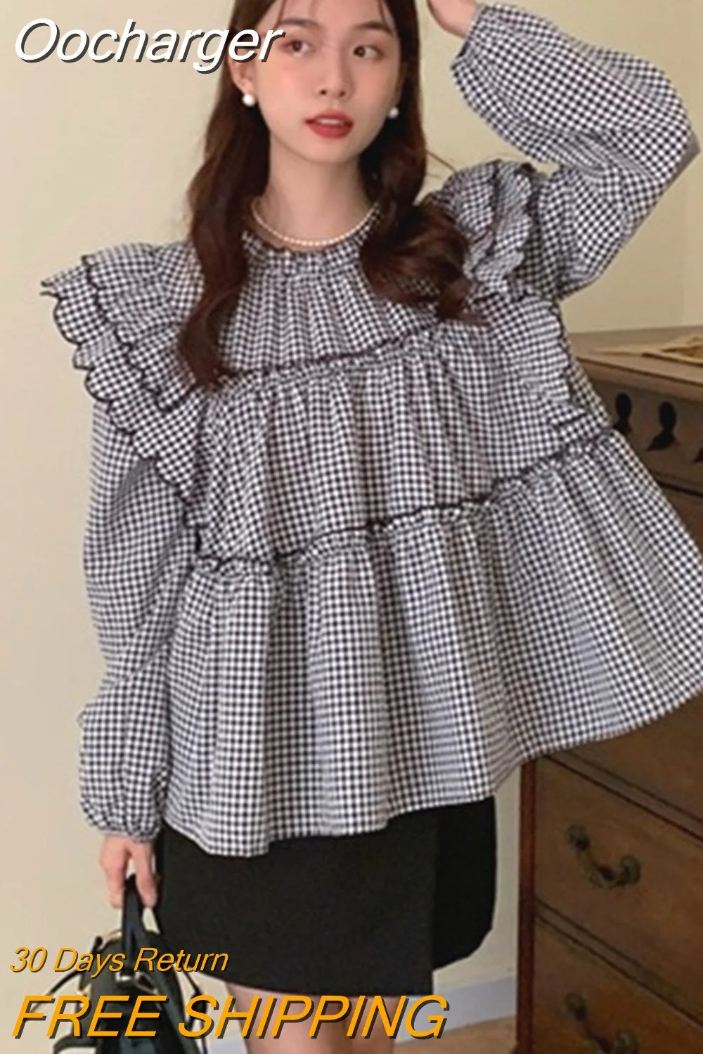 Oocharger Sweet Korean Fashion Ropa Mujer Solid Ruffles Pleated Loose Autumn Women Blouses Elegant Chic Shirts Kawaii Tops