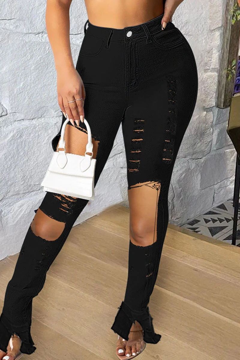 Sexy Street Solid Ripped Patchwork High Waist Denim Jeans