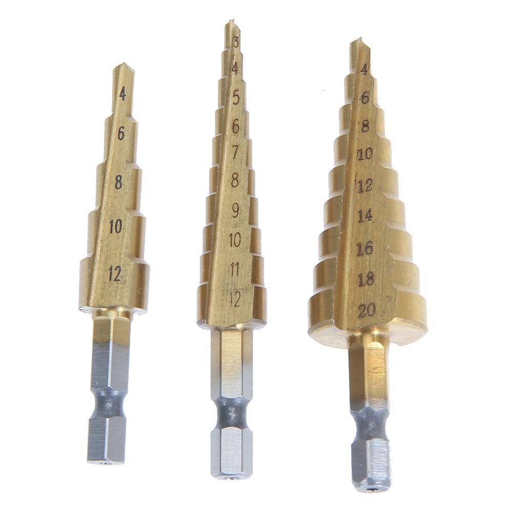 

3Pcs Titanium Step Drill Bits HSS Wood Power Tools 3-12mm 4-12mm 4-20mm, 501 Original