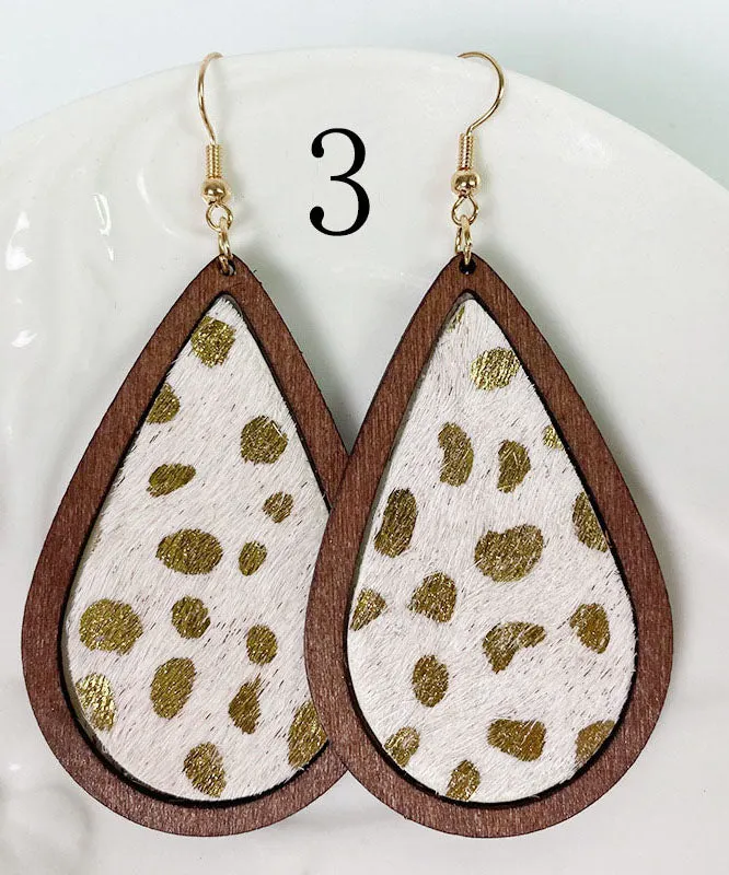 Italian Print Droplet Shape Wooden Material Genuine Cowhide Hair Leather Silver Earrings Ornaments