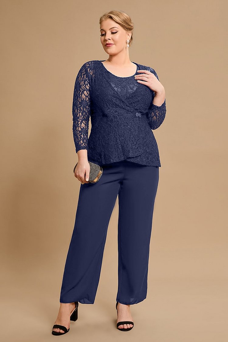 Flycurvy Plus Size Mother of The Bride Navy Blue Lace Three Pieces Set Pant Suits FlyCurvy flycurvy [product_label]