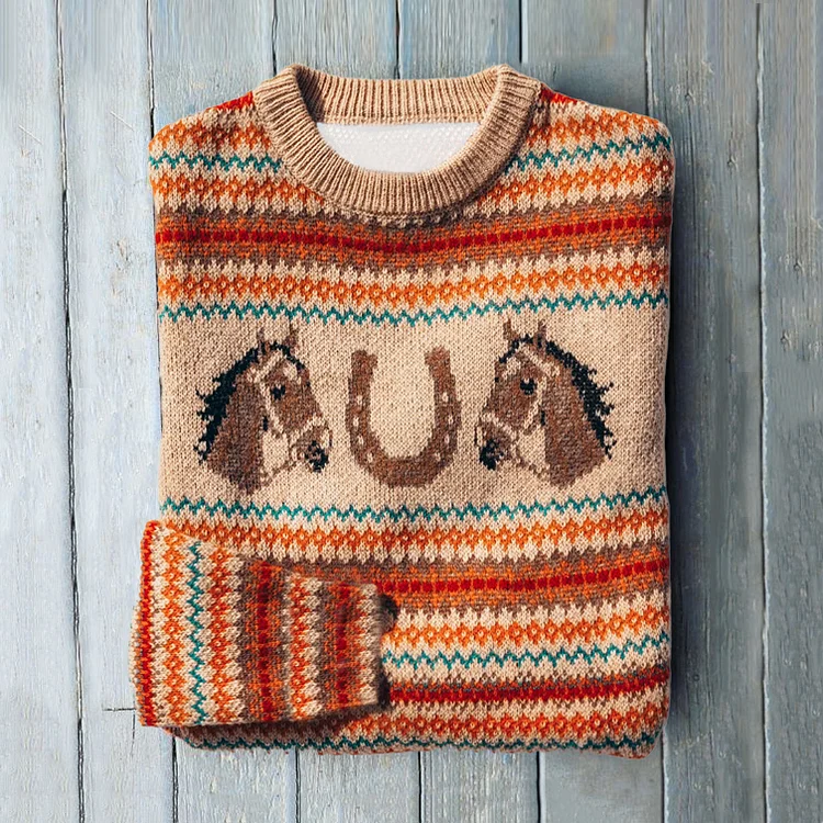 VChics Vintage Horse Head Print Contrast Sweater
